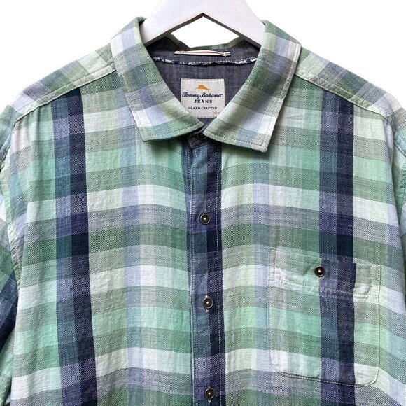 Tommy Bahama Mens Plaid Shirt XXL Cotton Short Sleeve Green Blue Button up - Picture 2 of 14